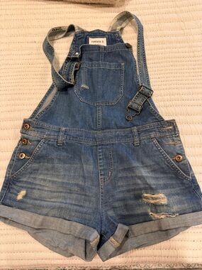 Forever 21 Distressed Denim Short Overalls - Blue
